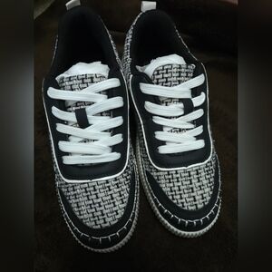 ⚡️ Black & White Tweed/Checkered Platform Fashion Sneaker Low Top  Walking Shoes